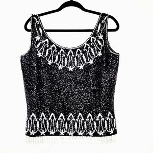 Hand Beaded Wool Sequin Fringe Top Size L Vintage Evening Pearl Accents